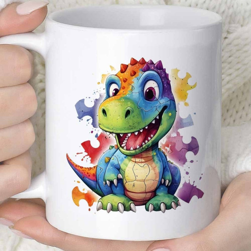 Tailorly White Ceramic 11 oz Mug - Vibrant Colorful Cartoon Sitting Amidst Many Bright Scattered Puzzle Pieces Dinosaur
