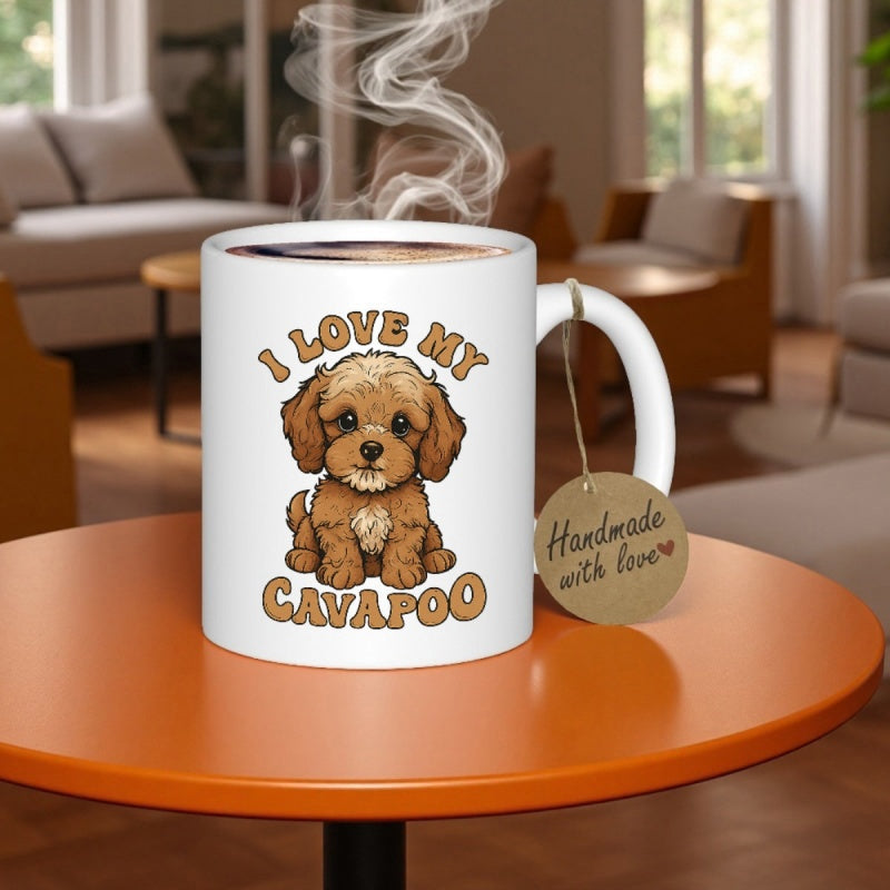 Tailorly White Ceramic 11 oz Mug - I Love My Cavapoo Adorable Brown Fluffy Puppy With Curly Fur Sitting Peacefully Dog