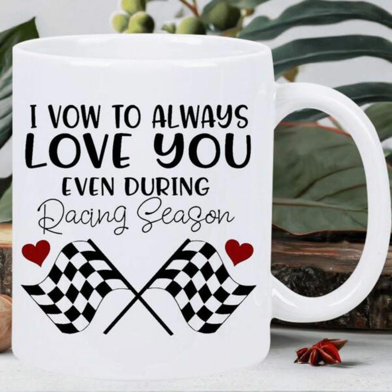 Tailorly White Ceramic 11 oz Mug - I Vow To Always Love You Even During Racing Season Two Crossed Checkered Patterns With Red Romantic Hearts Racing Flag