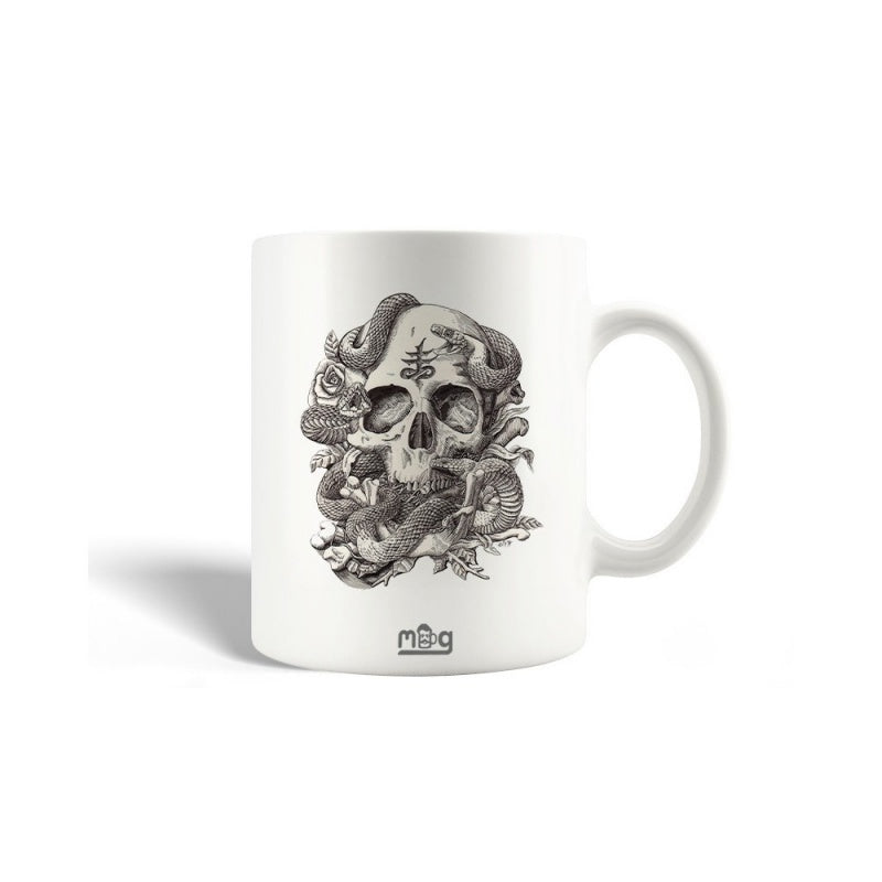 Tailorly White Ceramic 11 oz Mug - Mug Vintage Detailed Illustration With Snakes Coiling Through A Human Skull