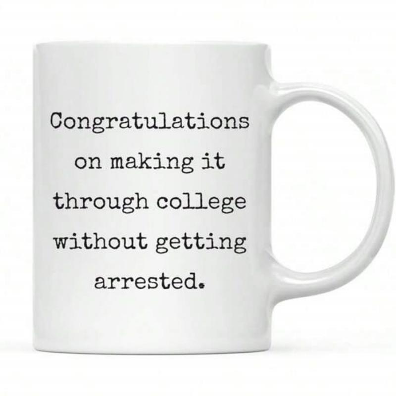 Tailorly White Ceramic 11 oz Mug - Congratulations On Making It Through College Without Getting Arrested Minimalist White Ceramic With Classic Black Typewriter