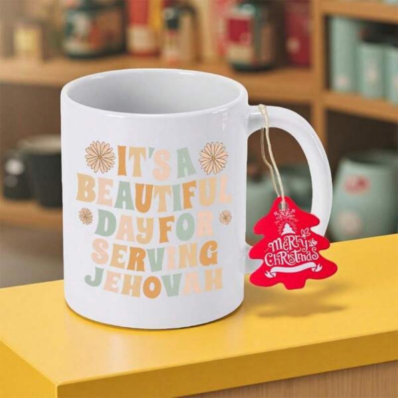 Tailorly White Ceramic 11 oz Mug - Its A Beautiful Day For Serving Jehovah Retro Pastel Typography Surrounded By Decorative Floral Sunburst Icons Mug