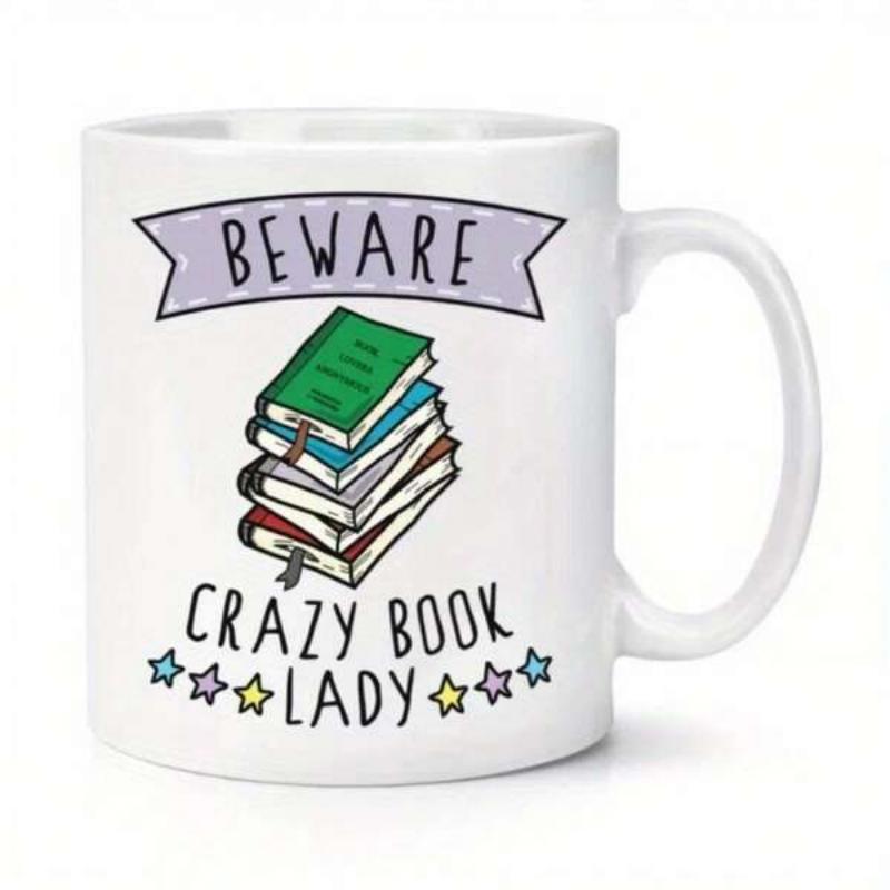 Tailorly White Ceramic 11 oz Mug - Beware Crazy Book Lady Colorful Stacked Hardcover Volumes With Sparkling Tiny Stars Books