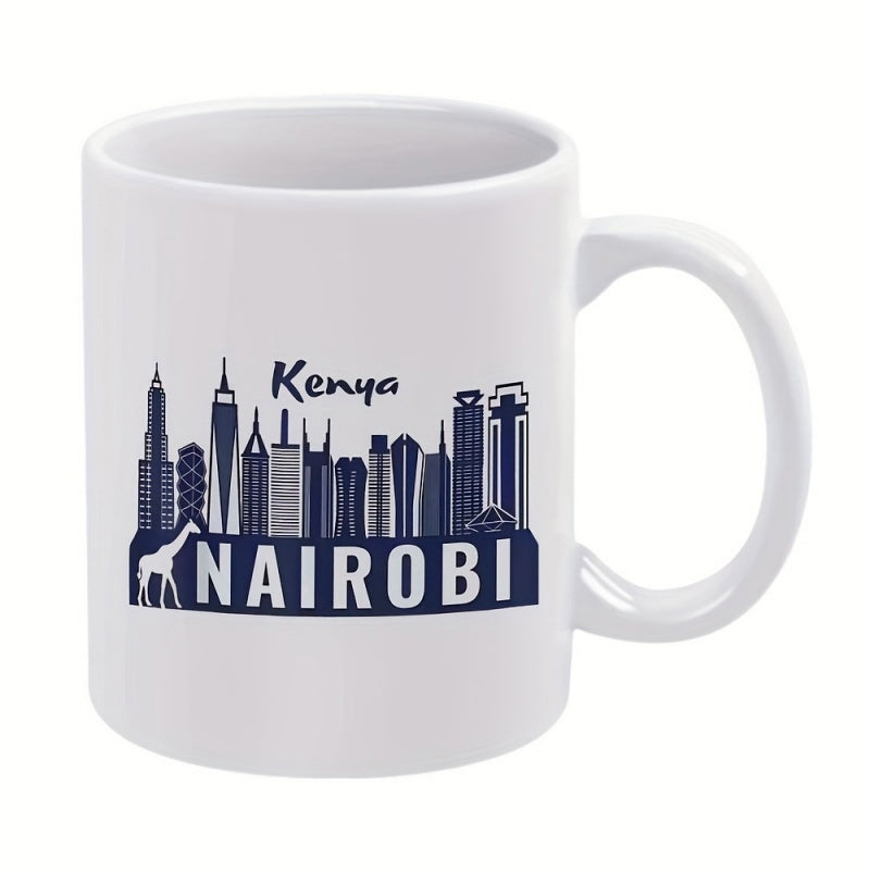 Tailorly White Ceramic 11 oz Mug - Kenya Nairobi Modern City Skyscrapers Silhouette Standing Next To A Graceful Wild Giraffe Skyline