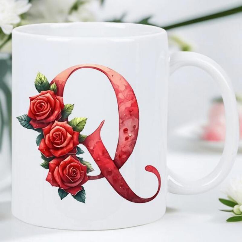 Tailorly White Ceramic 11 oz Mug - Q Artistic Watercolor Style Decorated With Vibrant Red Roses And Green Leaves Letter
