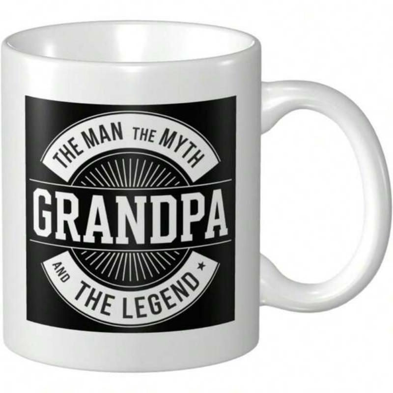 Tailorly White Ceramic 11 oz Mug - The Man The Myth Grandpa And The Legend Vintage Circular Badge With Sunburst Lines On Square Frame Art