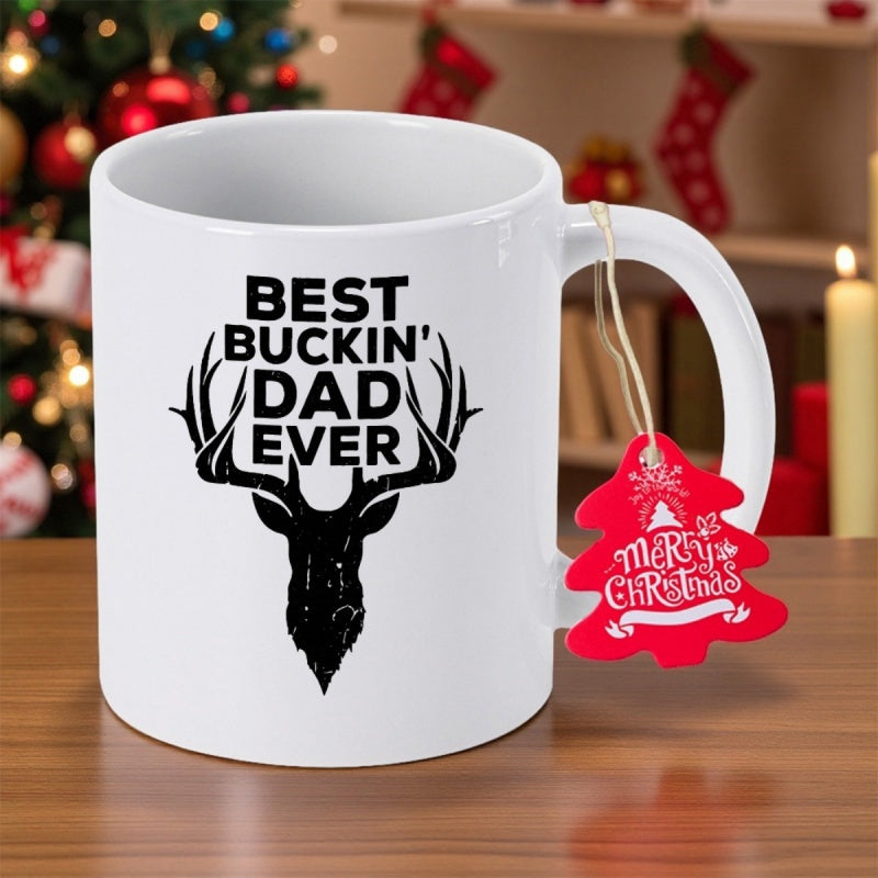 Tailorly White Ceramic 11 oz Mug - Best Buckin Dad Ever Majestic Black Buck Silhouette With Large Antlers For Hunting Enthusiast Deer