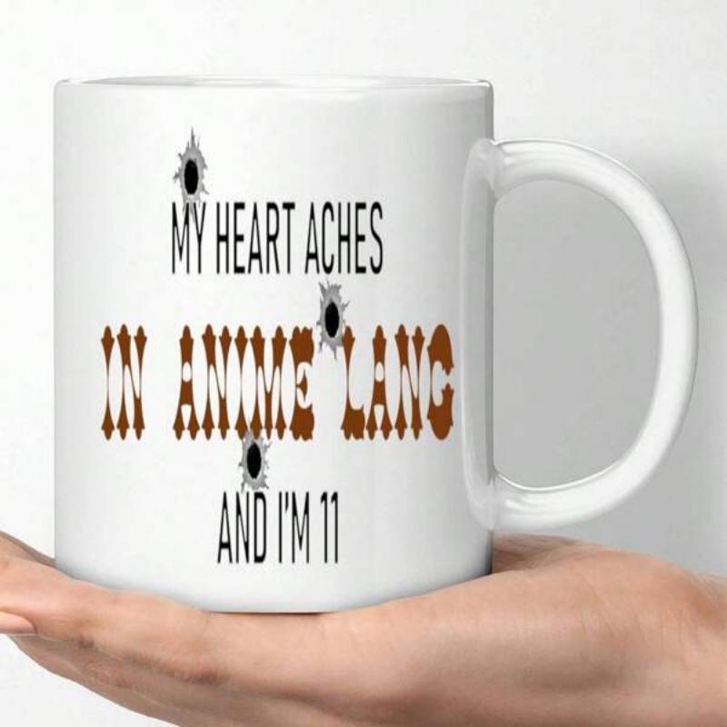 Tailorly White Ceramic 11 oz Mug - My Heart Aches In Anime Lang And I'm 11 Distressed Bullet Hole Stars Scattered Across A Minimalist Mug