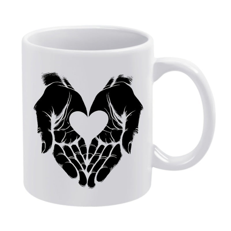Tailorly White Ceramic 11 oz Mug - Artistic Silhouette Of Human Palms Creating A Gentle Heart Shaped Space Hands