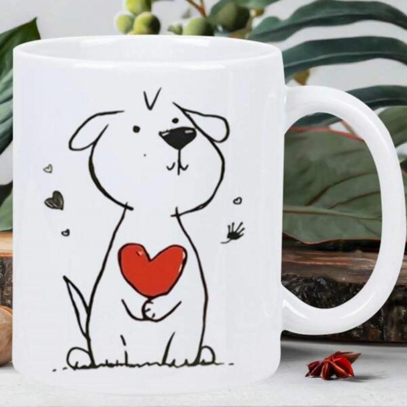 Tailorly White Ceramic 11 oz Mug - Minimalist Line Art Cute Puppy Sitting And Holding Red Heart Dog