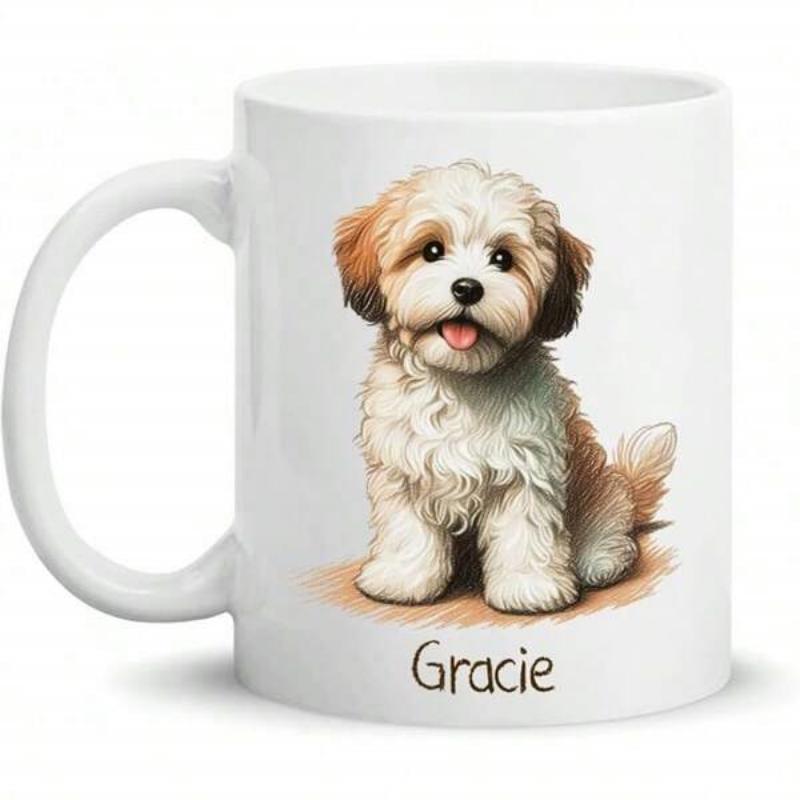 Tailorly White Ceramic 11 oz Mug - Gracie Adorable Small Fluffy Brown And White Puppy Sitting Calmly On Floor Puppy