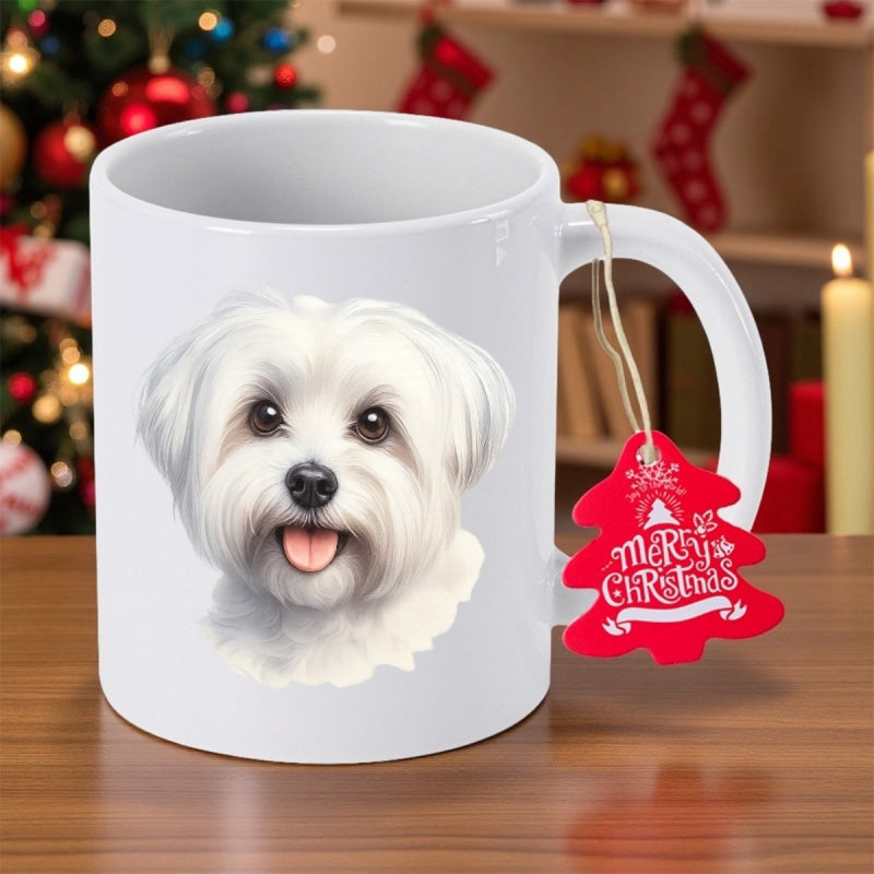Tailorly White Ceramic 11 oz Mug - Merry Christmas Adorable Fluffy White Fur Maltese Face With Gentle Brown Eyes Dog
