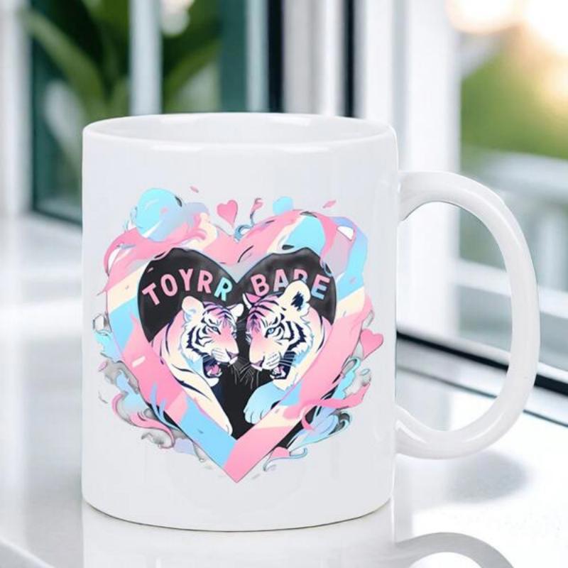 Tailorly White Ceramic 11 oz Mug - Toyrr Babe Pastel Splashes Surrounding Heart With Artistic Majestic White Tiger