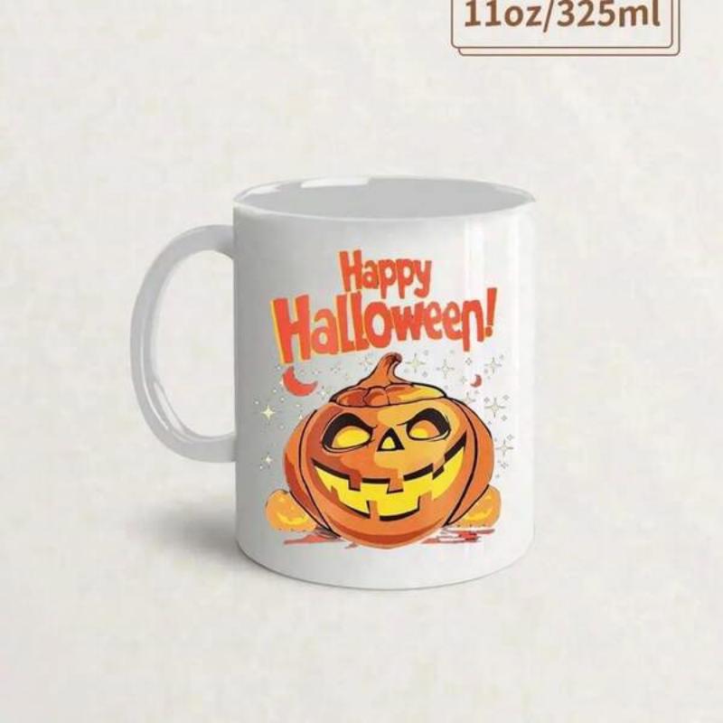 Tailorly White Ceramic 11 oz Mug - Happy Halloween Spooky Glowing Orange Decorative Carved Face With A Wicked Smile Pumpkin