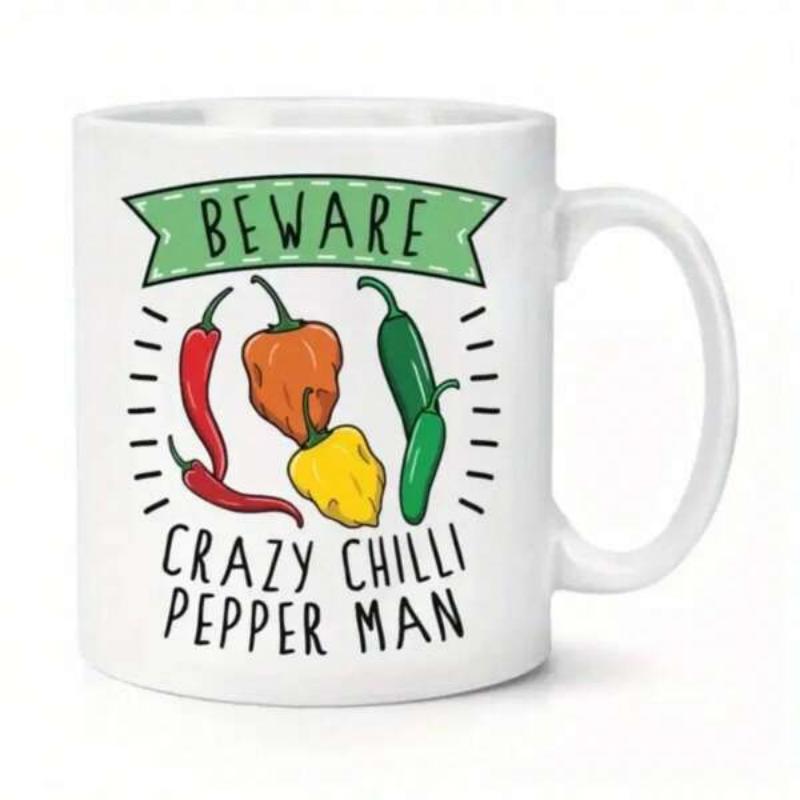 Tailorly White Ceramic 11 oz Mug - Beware Crazy Chilli Pepper Man Vibrant Colorful Hot Spices Beneath Green Banner Hand Drawn Chili