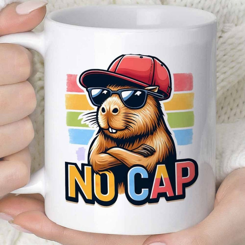 Tailorly White Ceramic 11 oz Mug - No Cap Cool Trendy Animal Wearing Baseball Hat And Sunglasses Crossing Arms Capybara