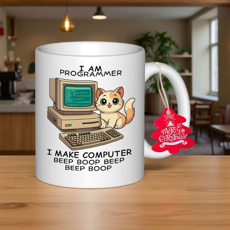 Tailorly White Ceramic 11 oz Mug - I Am Programmer I Make Computer Beep Boop Beep Beep Boop Cute Ginger Cat Sitting Beside A Vintage Personal Computer With