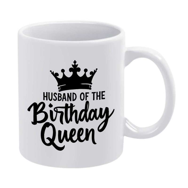 Tailorly White Ceramic 11 oz Mug - Husband Of The Birthday Queen Minimalist Black Crown Silhouette Resting Above Elegant Cursive Mug