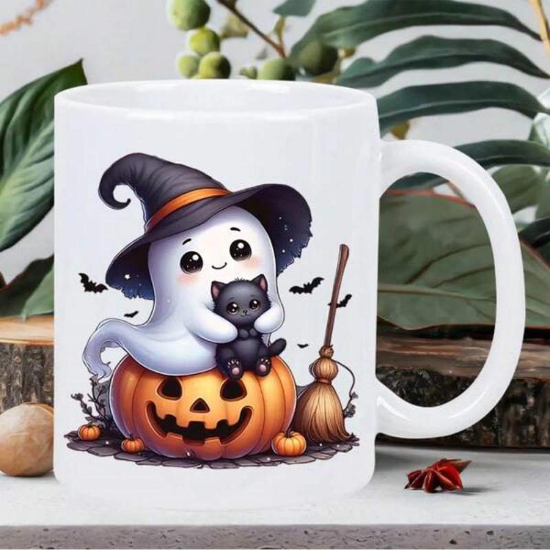 Tailorly White Ceramic 11 oz Mug - Adorable Spooky Witch Hat Holding Black Cat Sitting On Carved Halloween Pumpkin Ghost
