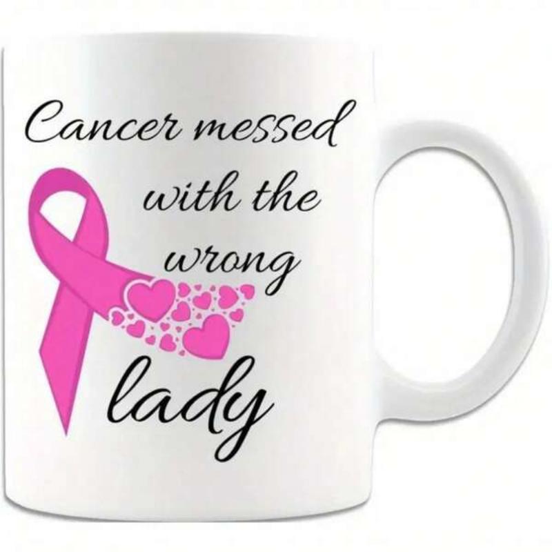 Tailorly White Ceramic 11 oz Mug - Cancer Messed With The Wrong Lady Pink Awareness Ribbon Decorated With Small Hearts Symbolizing Strength And Hope Ribbon