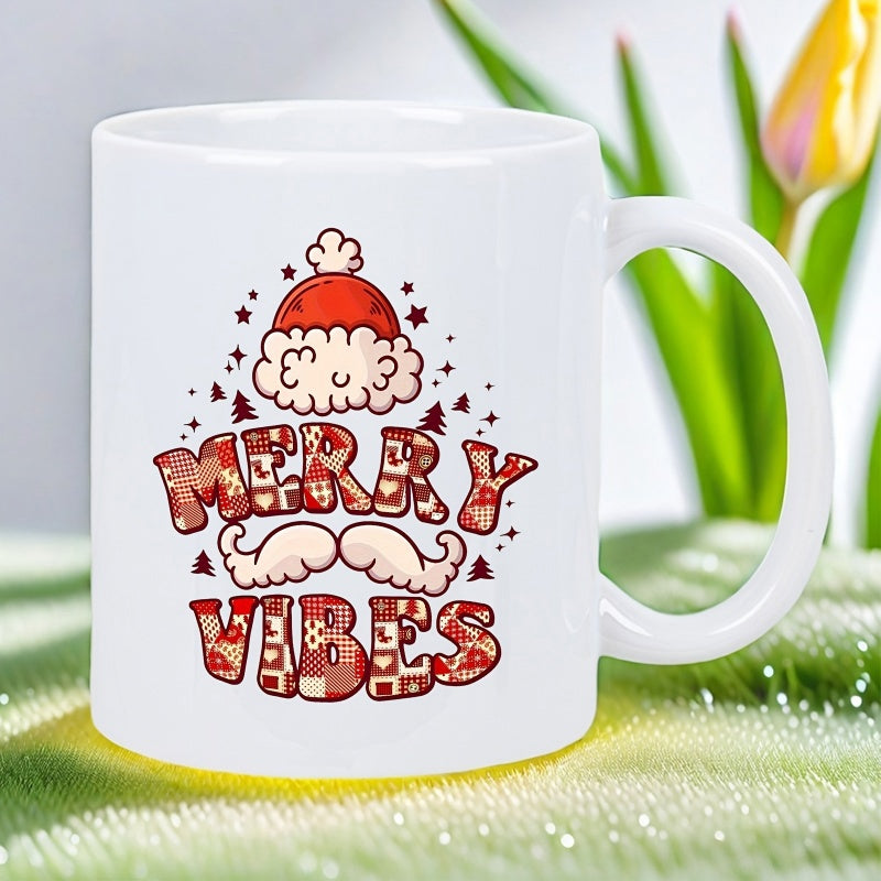 Tailorly White Ceramic 11 oz Mug - Merry Vibes Festive Santa Hat With White Mustache And Retro Patterned Holiday Ornament