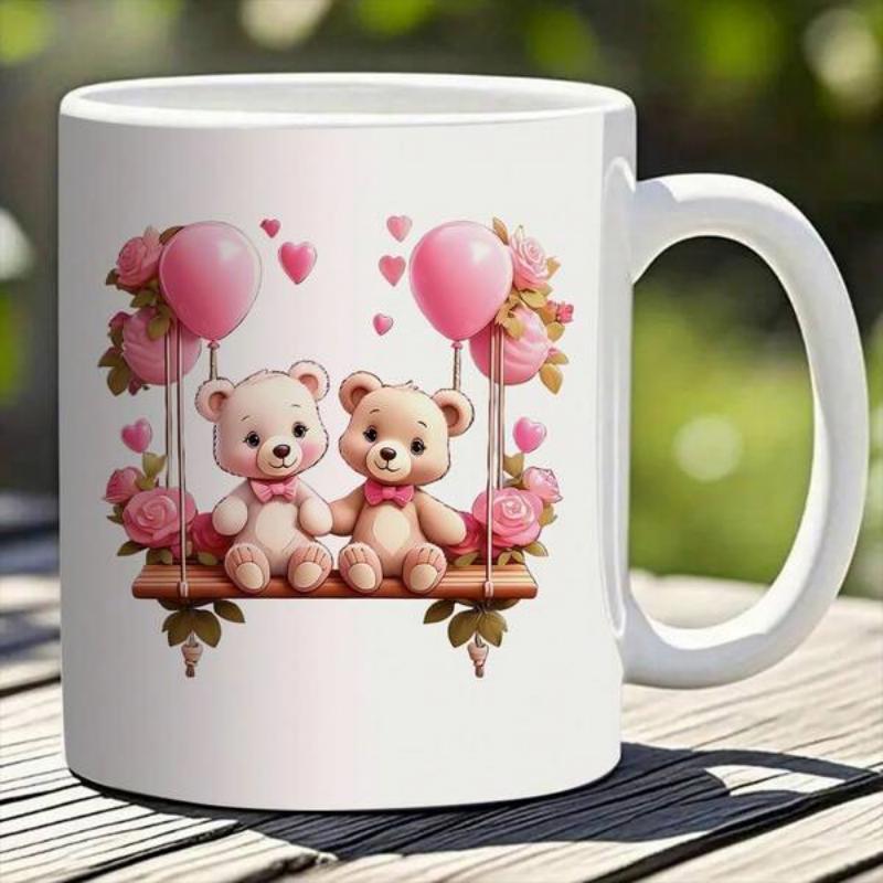 Tailorly White Ceramic 11 oz Mug - Two Adorable Cuddly Bears Sitting On A Swing With Heart Balloons Bear