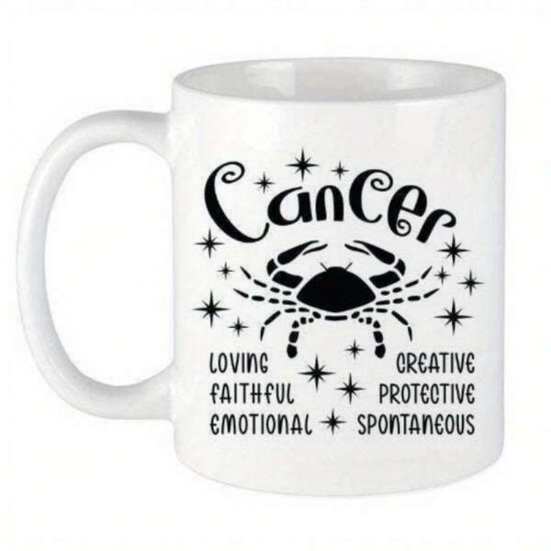 Tailorly White Ceramic 11 oz Mug - Cancer Loving Creative Faithful Protective Emotional Spontaneous Stylized Black Silhouette Surrounded By Sparkling Celestial