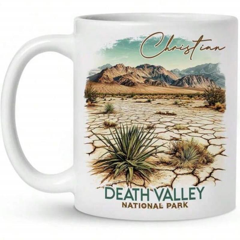 Tailorly White Ceramic 11 oz Mug - Christian Death Valley National Park Vibrant Arid Desert View With Cracked Earth Among Distant Majestic Mountains Landscape