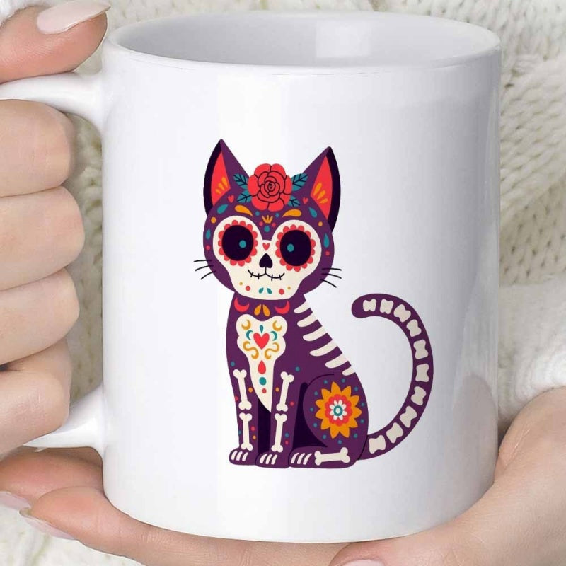 Tailorly White Ceramic 11 oz Mug - Purple Day Of The Dead Skeleton With Floral Patterns Sitting Cat