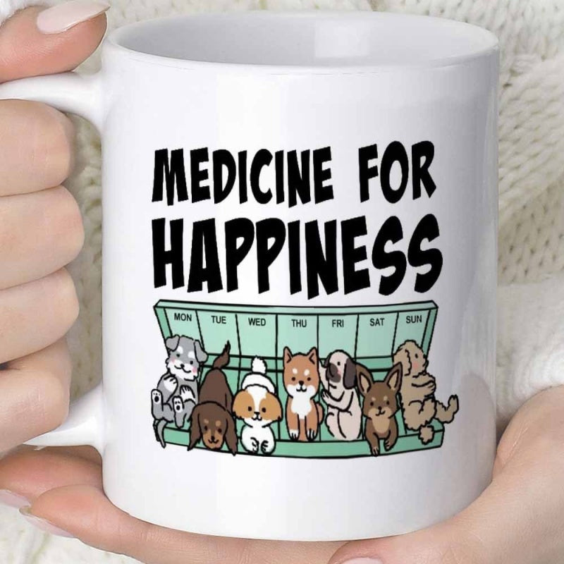 Tailorly White Ceramic 11 oz Mug - Medicine For Happiness Adorable Cartoon Dogs Sitting Inside A Weekly Green Pillbox Organizer Puppy
