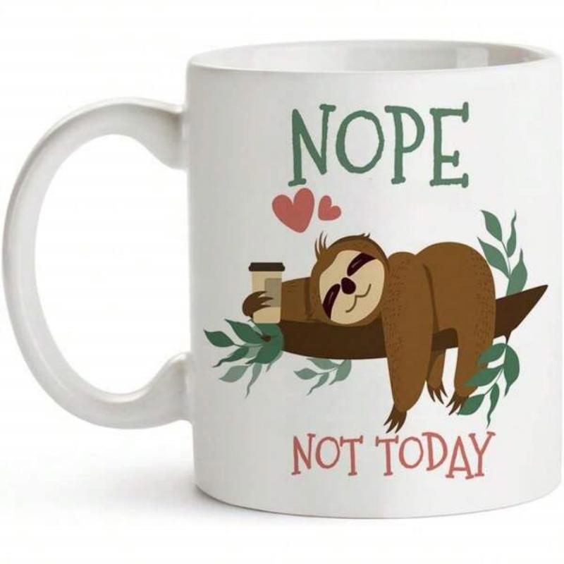 Tailorly White Ceramic 11 oz Mug - Nope Not Today Adorable Brown Sloth Sleeping On Branch Holding Coffee With Little Hearts Sloth