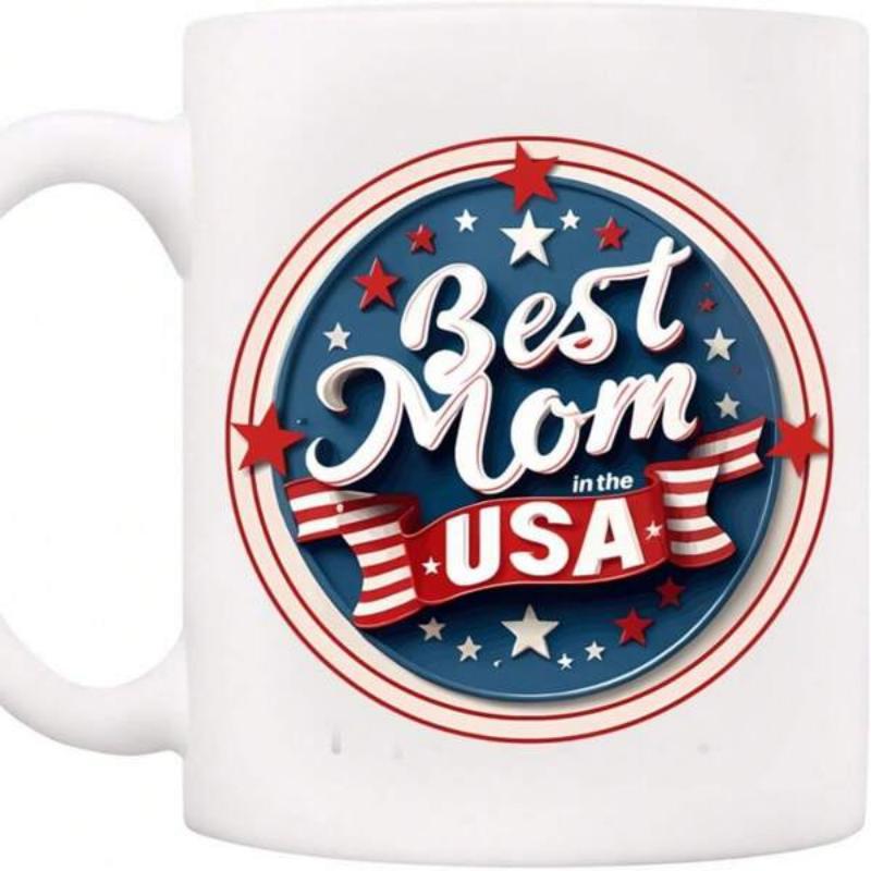 Tailorly White Ceramic 11 oz Mug - Best Mom In The USA Patriotic Circular Emblem With Stars And Stripes Banner Design Mug