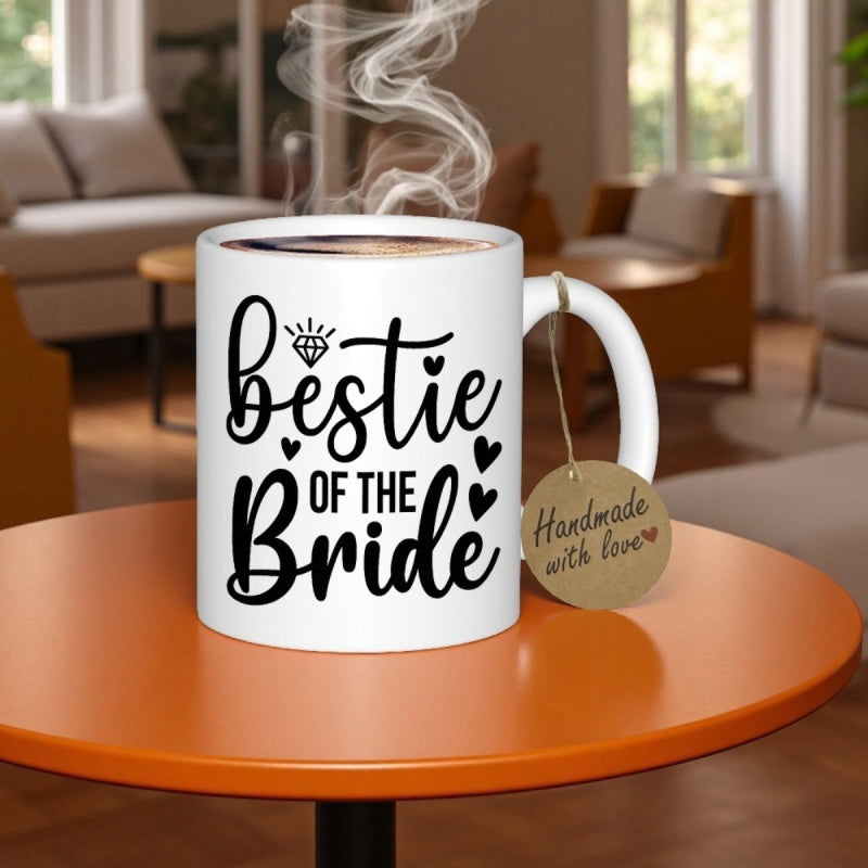 Tailorly White Ceramic 11 oz Mug - Bestie Of The Bride Elegant Script Typography With Heart Icons And Diamond Mug