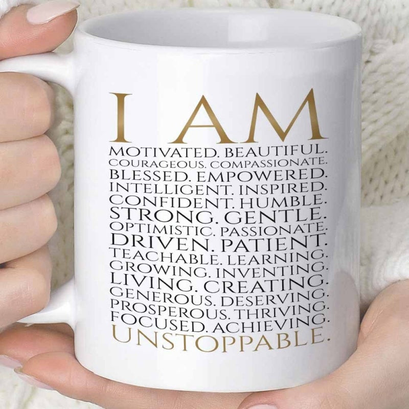 Tailorly White Ceramic 11 oz Mug - I Am Unstoppable Elegant Gold And Black Serif Typography Listing Positive Motivational Words Affirmation