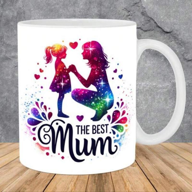 Tailorly White Ceramic 11 oz Mug - The Best Mum Colorful Galaxy Silhouettes Of A Parent And Child Holding Hands Mother