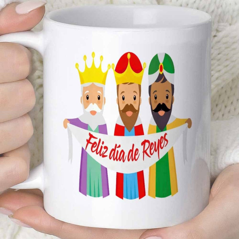 Tailorly White Ceramic 11 oz Mug - Three Cartoon Magi Wearing Colorful Robes While Holding A Banner Kings