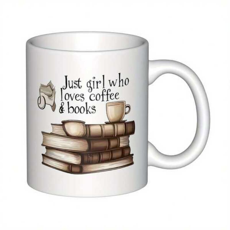 Tailorly White Ceramic 11 oz Mug - Just Girl Who Loves Coffee Books Hand Drawn Vintage Stack Of Old Literature With Books