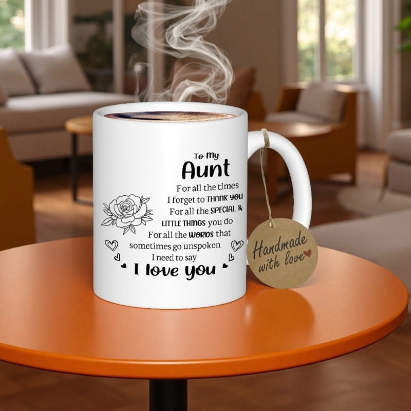 Tailorly White Ceramic 11 oz Mug - To My Aunt I Love You Minimalist Line Drawing Of A Blooming Rose Surrounded By Tiny Hearts Flower