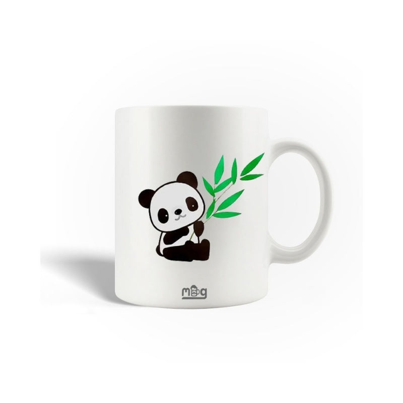 Tailorly White Ceramic 11 oz Mug - Cute Little Cartoon Animal Sitting Peacefully Holding A Green Bamboo Panda