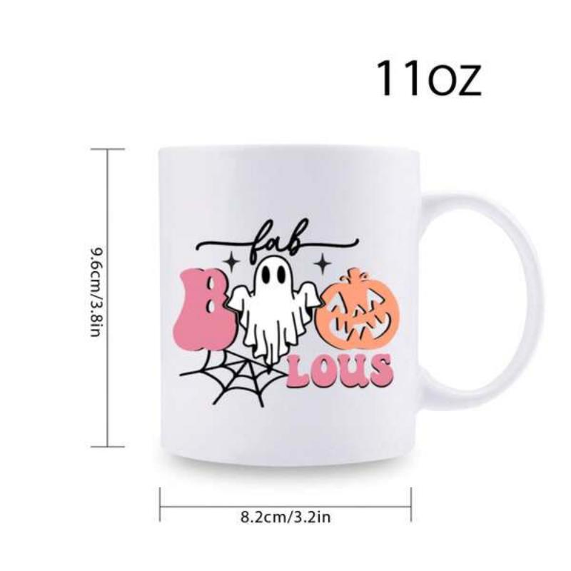 Tailorly White Ceramic 11 oz Mug - Fab Boo Lous Playful Festive Halloween Theme With A Carved Pumpkin And Spider Web Ghost