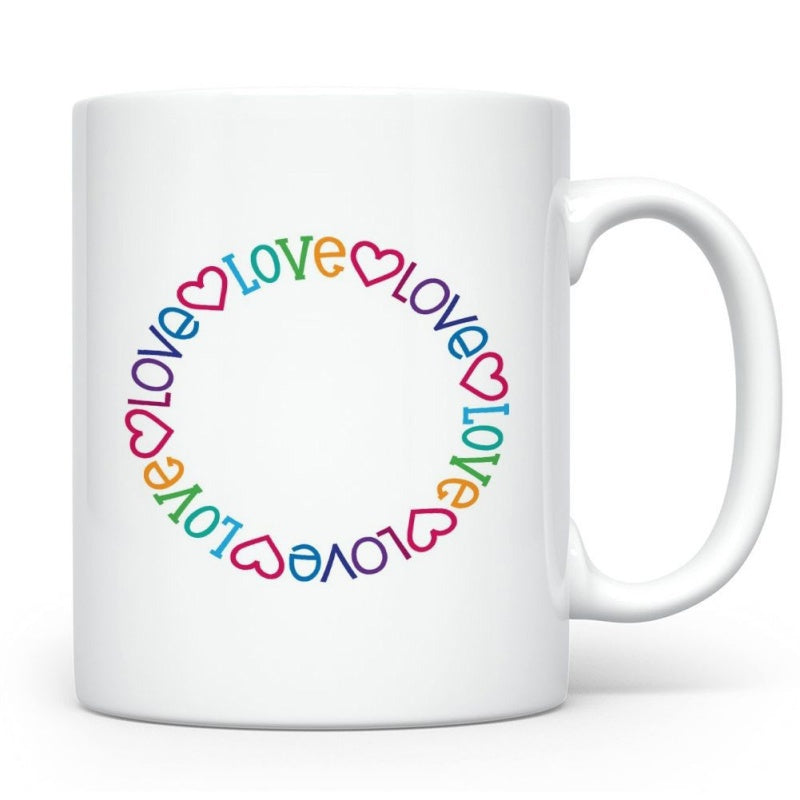Tailorly White Ceramic 11 oz Mug - Love Colorful Hearts And Letters Forming A Minimalist Circular Ring Pattern Circle