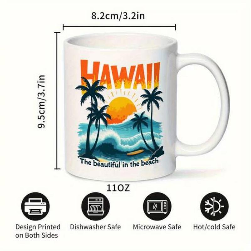 Tailorly White Ceramic 11 oz Mug - Hawaii The Beautiful In The Beach Tropical Summer Vibe With Palm Trees And Golden Sunset Waves Beach