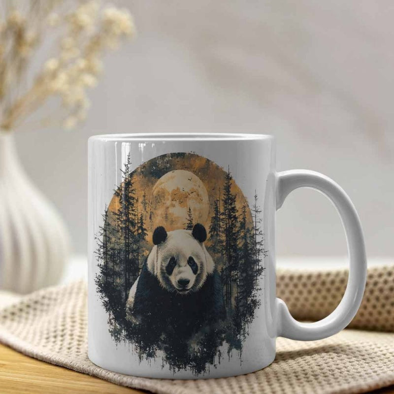 Tailorly White Ceramic 11 oz Mug - Majestic Panda Resting In A Pine Forest Under A Large Glowing Moon Panda
