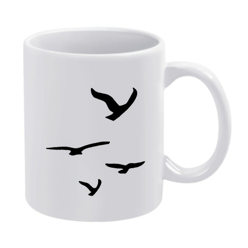 Tailorly White Ceramic 11 oz Mug - Sleek Black Silhouettes Of Birds Soaring Through A Calm Empty Sky Bird