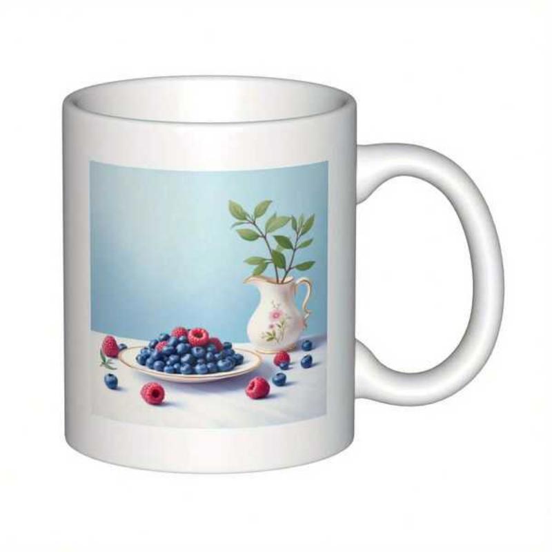Tailorly White Ceramic 11 oz Mug - Fresh Wild Berries On A Plate Beside A Rustic Ceramic Pitcher Berries