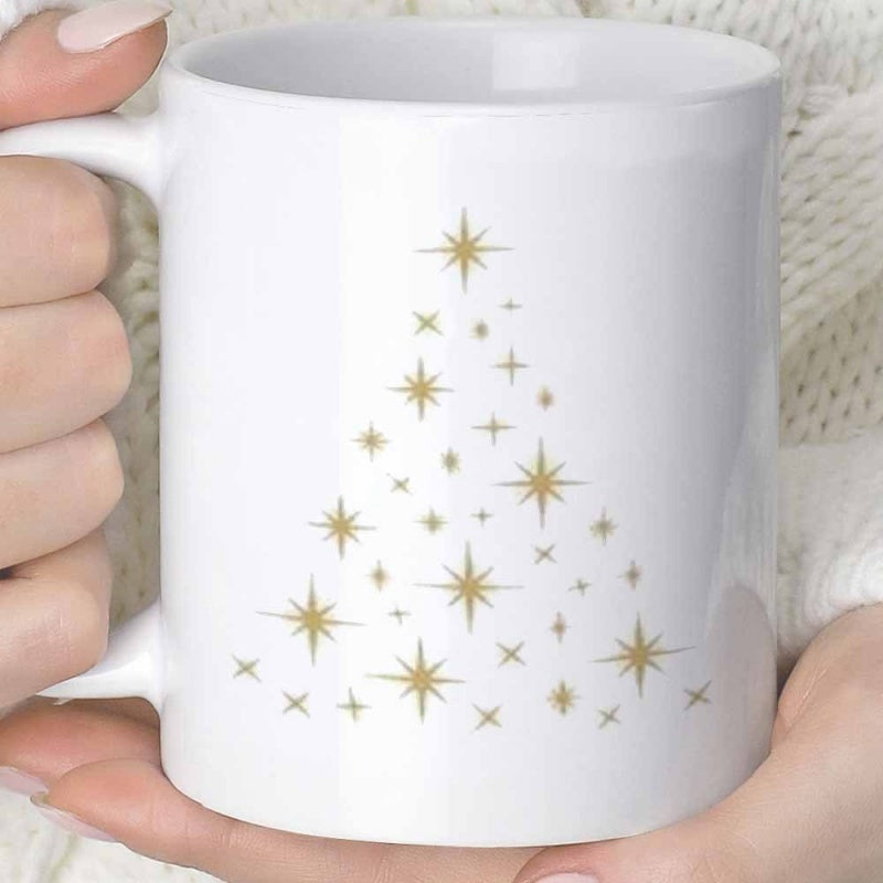 Tailorly White Ceramic 11 oz Mug - Golden Stars Arranged In A Triangle Shape Shining With Holiday Spirit Tree