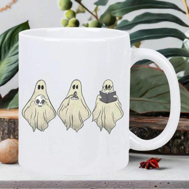 Tailorly White Ceramic 11 oz Mug - Three Whimsical Cartoon Spirits Enjoying Coffee And Reading Stories Together Ghost