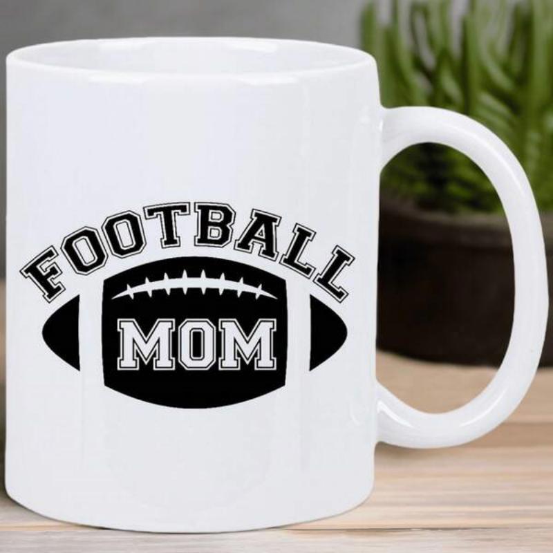 Tailorly White Ceramic 11 oz Mug - Football Mom Bold Collegiate Lettering Arched Above A Stylized Classic Football