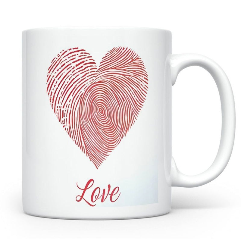 Tailorly White Ceramic 11 oz Mug - Love Intricate Red Fingerprint Texture Forming A Romantic Minimalist Design Heart