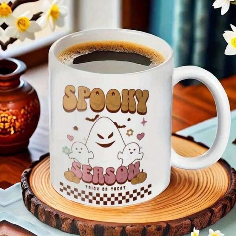 Tailorly White Ceramic 11 oz Mug - Spooky Season Trick Or Treat Retro Style Cartoon Cute Ghosts With Festive Stars And Checkered Pattern Ghost